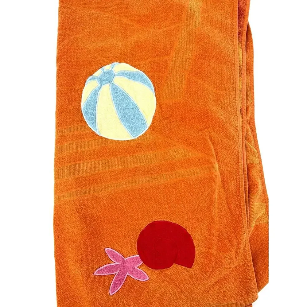 Vintage Beach Towel Orange with Applique Bucket and Shovel